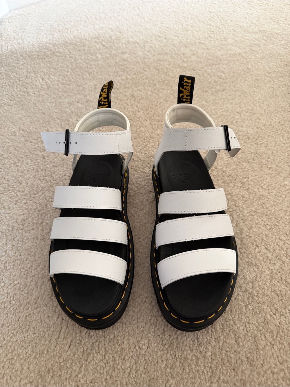 Dr. Martens White Leather Strappy Platform Sandals with Yellow Stitching